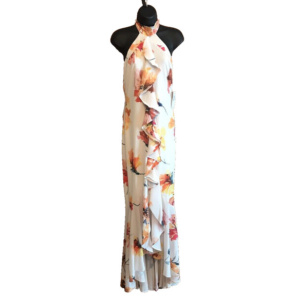 Premier Amour Cream Yellow Floral Halter Maxi Mermaid Dress 10 Leg Slit Ruffle - Picture 1 of 9